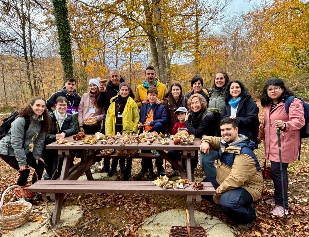 Personas aprendiendo sobre setas durante una ruta guiada por el bosque