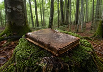 Libro antiguo sobre musgo en un bosque para actividad Escape Forest